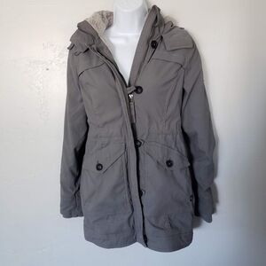 Hollister XS Grey Parka Coat Soft Furry Lining Hooded Fall Winter Jacket Thick